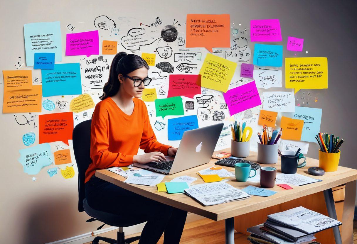 A vibrant illustration of a blogger sitting at a desk cluttered with notes, a laptop, and colorful sticky notes, surrounded by floating text bubbles representing various blog topics like "Content Creation" and "Analysis". The scene is illuminated by a warm light, evoking creativity and inspiration, with elements of social media icons and analytics charts in the background. The overall atmosphere is dynamic and inviting. vibrant colors. digital art. soft focus.