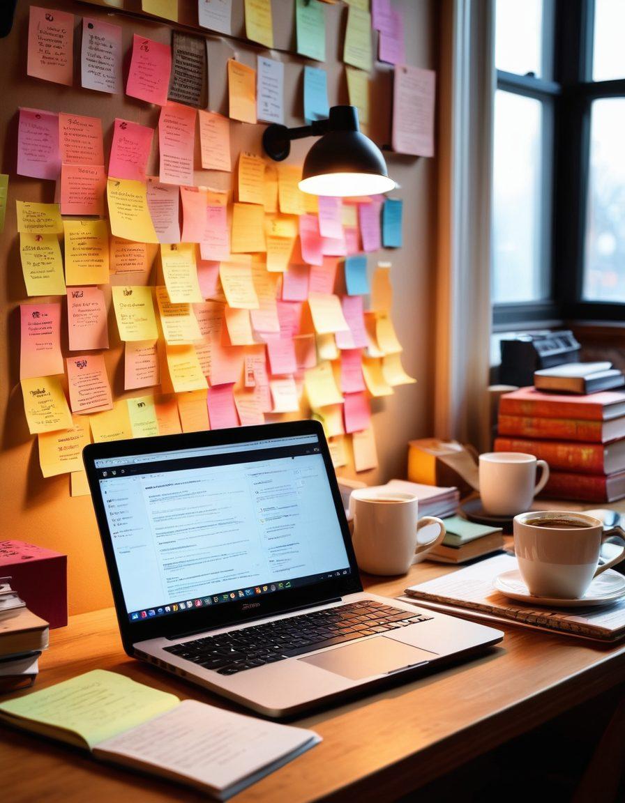 A cozy workspace with a laptop open to a digital diary, surrounded by colorful sticky notes and pens. In the background, a wall of books and reviews in various formats. A steaming cup of coffee rests beside the laptop, symbolizing inspiration. The lighting is warm and inviting, suggesting a creative atmosphere. super-realistic. cozy colors. vibrant details.