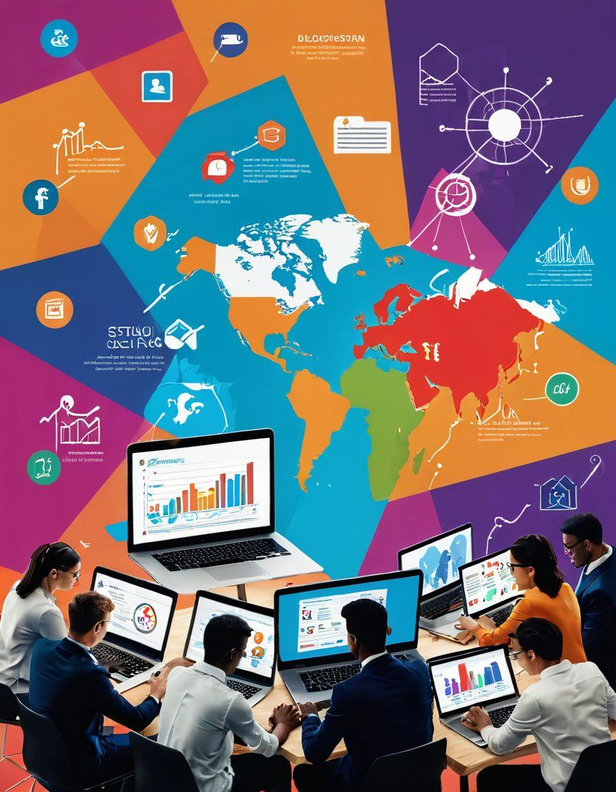 A dynamic digital collage featuring diverse content creators analyzing trends on laptops and tablets, surrounded by colorful graphs and charts displaying blog statistics. Include a visually engaging backdrop of interconnected social media icons and a world map to represent the global blogosphere. The scene should reflect creativity, collaboration, and technology. vibrant colors. modern flat design.